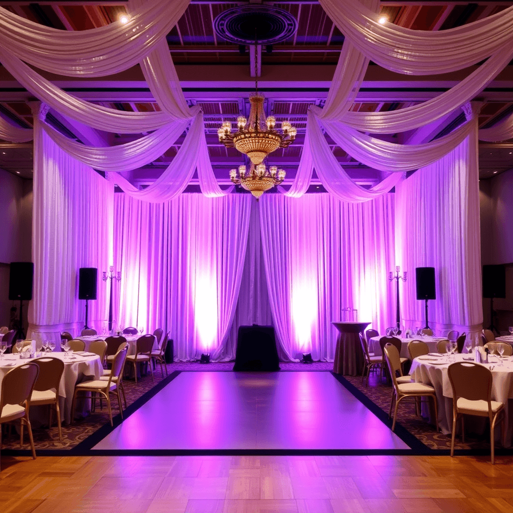 Elegant banquet hall with purple lighting, round tables, and chandelier.